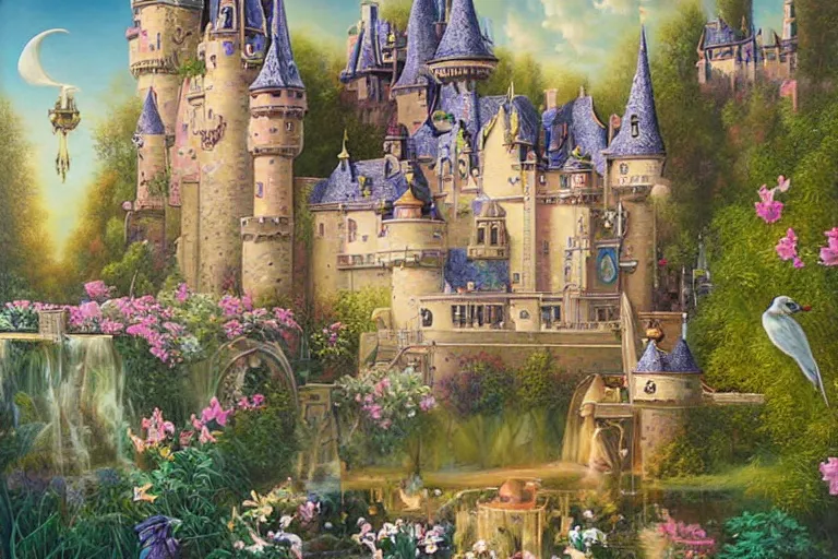 Image similar to princess, prince, magical castle, highly detailed painting, magical realism, lowbrow, kevin sloan, michael parks
