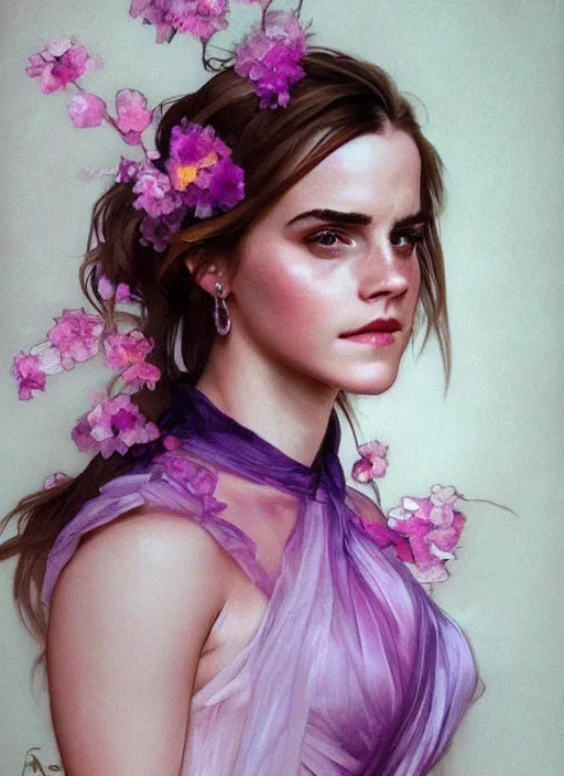 Image similar to emma watson wearing revealing pink and purple chiffon dress with flounces. beautiful detailed face. by artgerm and greg rutkowski and alphonse mucha