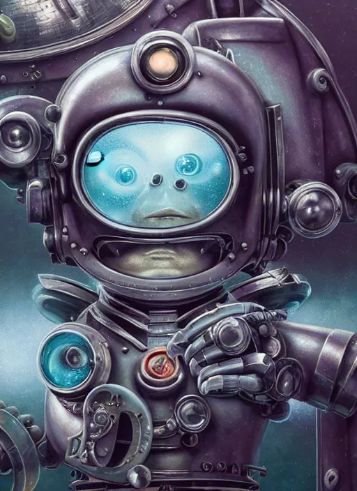 Image similar to highly detailed closeup, portrait of a retro robot deep sea diving, unreal engine, nicoletta ceccoli, mark ryden, earl norem, lostfish, global illumination, detailed and intricate environment