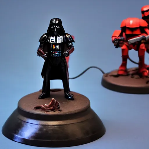 Image similar to Darth Vader collects miniature battles of Warhammer 40,000 space marine figurines on his desktop at a table with a bright lamp, realism, depth of field, focus on Darth Vader,