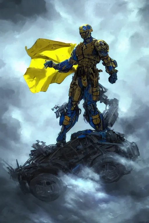 Image similar to a full body shot from distance of a super soldier with a Ukrainian blue and yellow stripes flag standing in the beam of light from the clouds on a pile of skulls and rotten cars as a winner, masculine figure, D&D, fantasy, intricate, elegant, highly detailed, digital painting, artstation, concept art, matte, sharp focus, symmetrical, illustration, hyperrealistic, art by Artgerm and Greg Rutkowski and Alphonse Mucha