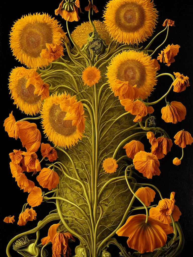 Image similar to dutch golden age bizarre sunflower portrait made from flower floral still life with very detailed nasturtium vines disturbing fractal forms sprouting up everywhere by rachel ruysch black background chiaroscuro dramatic lighting perfect composition high definition 8 k oil painting with black background by christian rex van dali todd schorr of a chiaroscuro portrait recursive masterpiece obscuring features lighting perfect composition