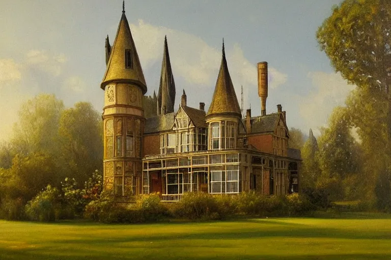 Image similar to a beautiful painting of a victorian house with bay windows, a tower and a greenhouse in the morning, very detailed by samuel and joseph newsom, harry potter