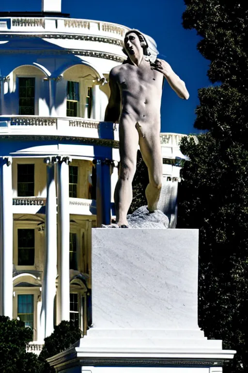 Prompt: A beautiful stone statue of Nicholas Cage in front of the White House, photo by Steve McCurry, heroic pose, detailed, smooth