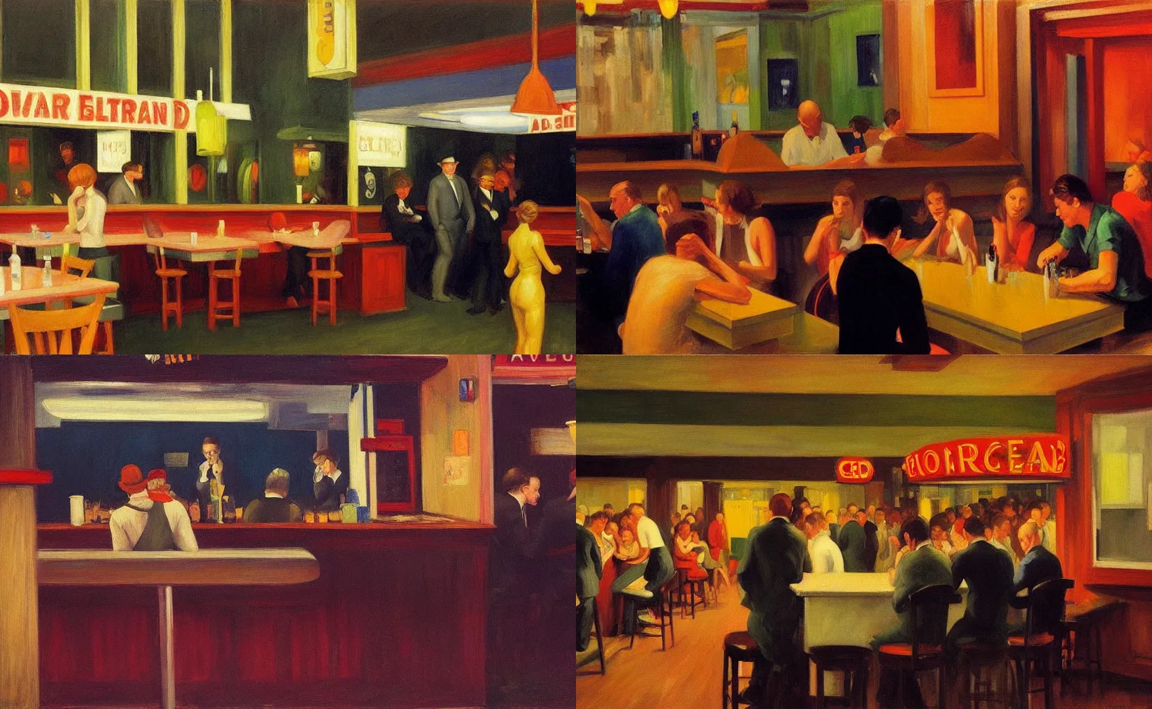 Prompt: a crowded dive bar, painting by Edward Hopper and William Eggleston