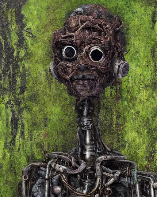 Image similar to detailed oil painting of a decayed, rusty, humanoid robot, covered in moss