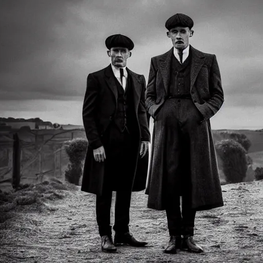 Prompt: a scene from peaky blinders, medium long shot, 3 / 4 shot, full body picture of cillian murphy and tom hardy, sharp eyes, serious expressions, detailed and symmetric faces, black and white, epic photo by talented photographer ansel adams