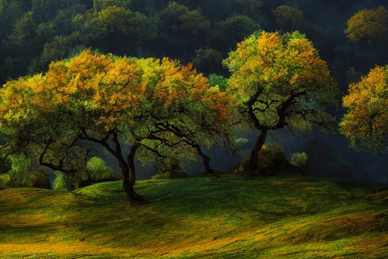 Prompt: masterpiece painting of oak trees on a hillside overlooking a creek, dramatic lighting, by filip hodas