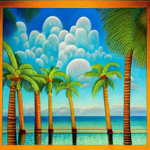 Image similar to a ultradetailed beautiful painting of amazonas beach by tarsila do amaral, major arcana mason sparkles sky, dougherty patrick, trending on artstation, mediterranean, palm trees, light sparkles, major arcana sky, sharp focus, soft light