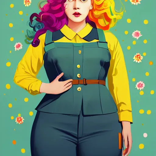 Image similar to colorful and festive cute female young plus size female hitler with tan skin, clear sharp todd solondz face, wearing yellow floral blouse. full body, rich vivid pastel colors, ambient lighting, dynamic lighting, 4 k, atmospheric lighting, painted, intricate, highly detailed by charlie bowater