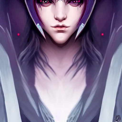 Image similar to dark sorceress full view, symmetrical face, highly detailed, wlop style, artstation, concept art, soft light, sharp focus, illustration, character design