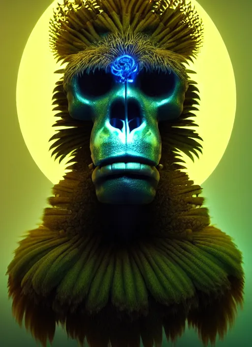 Image similar to 3 d ape shaman profile portrait, sigma 5 0 0 mm f / 5. beautiful intricate highly detailed quetzalcoatl skull and feathers. bioluminescent, plasma, lava, ice, water, wind, creature, thunderstorm! artwork by tooth wu and wlop and beeple and greg rutkowski, 8 k trending on artstation,