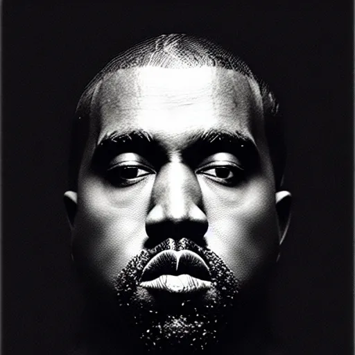 Image similar to a chiaroscuro lighting portrait of kanye west dressed as rick owens, black background, portrait by julia margaret cameron, shallow depth of field, 8 0 mm, f 1. 8