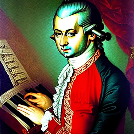 Prompt: mozart playing video games, old painting, highly detailed