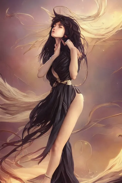 Image similar to full body windy hair zero gravity seductive meditation goddess in the style of artgerm, wlop, greg rutkowski, alphonse mucha and ayami kojima, realistic details, volumetric lighting, very very very very beautiful symmetrical face, trending on artstation, artstationhd, artstationhq, unreal engine, 4 k, 8 k