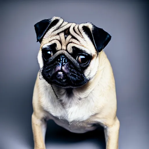 Image similar to portrait of a pug with an emo haircut with bangs, studio photo, album cover, well lit,