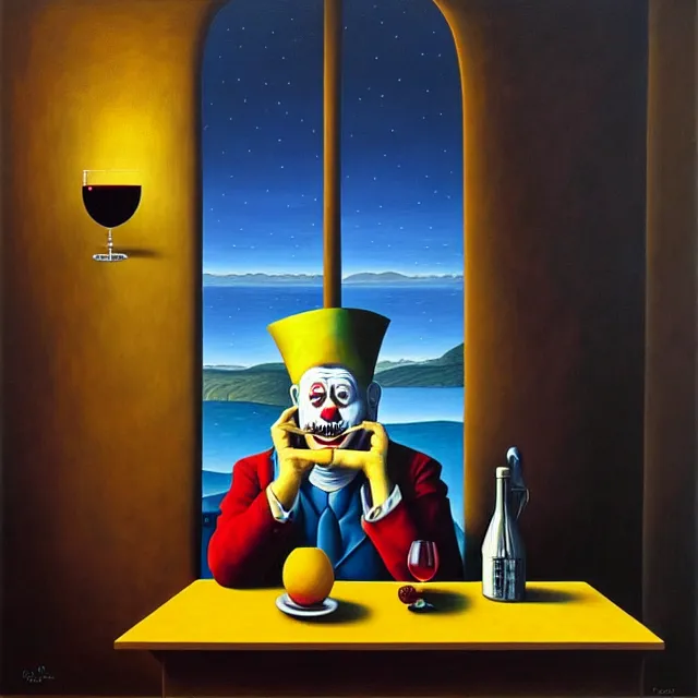 Image similar to an oil on canvas painting of a sad clown sitting by himself drinking wine in a bar, surrealism, surrealist, cosmic horror, rob gonsalves, high detail