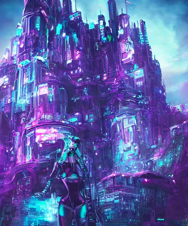 Image similar to majestic cyborg princess, futuristic castle, cyberpunk, neon lights, metal throne