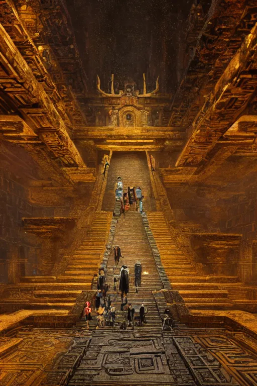 Image similar to inside a majestic aztec temple made of gold, intricate, elegant, volumetric lighting, digital painting, highly detailed, artstation, sharp focus, illustration, concept art, ruan jia, steve mccurry
