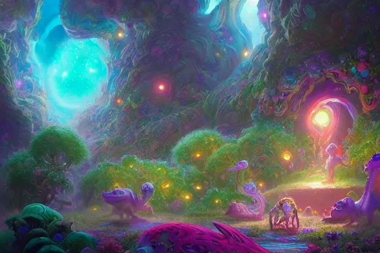 Image similar to a psychedelic realm made entirely out of love and acceptance, astral beings sharing love. filled with cute smiling glowing chibi style pixar baby dinosaurs in the style of greg rutkowski! and wlop and lisa frank! and bob ross!!! and ruan jia, illustration, epic, fantasy, hyper detailed, smooth, unreal engine, sharp focus, ray tracing