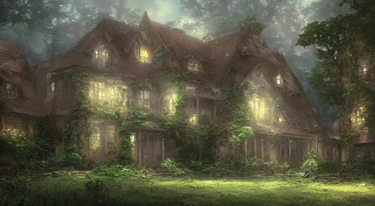 Prompt: Rendering of a scene abandoned house full of ivy，by Makoto Shinkai and Thomas Kinkade, fantasy matte painting, trending on cgsociety and unreal engine，light effect，highly detailed，super wide angle,