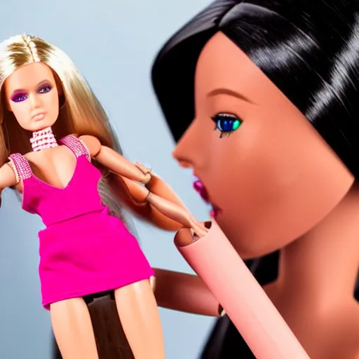 Image similar to violent Barbie doll beating up beta Ken doll, sharp focus, highly detailed