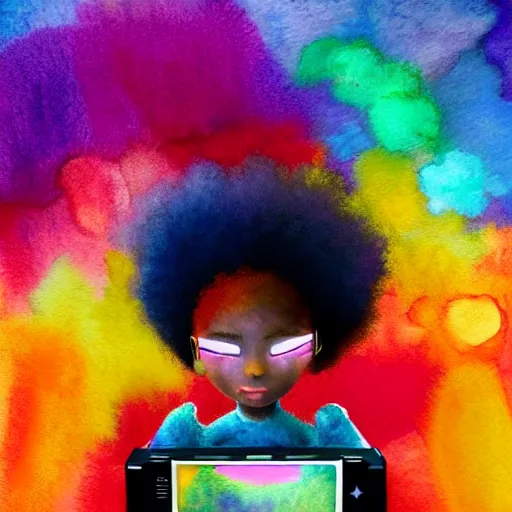 Prompt: a black girl with a colorful afro and big colorful eyes play videogames in a vast and endless arcade, bright colours, bokeh!!, watercolor, volumetric wool felting, macro photography, children illustration, by goro fujita