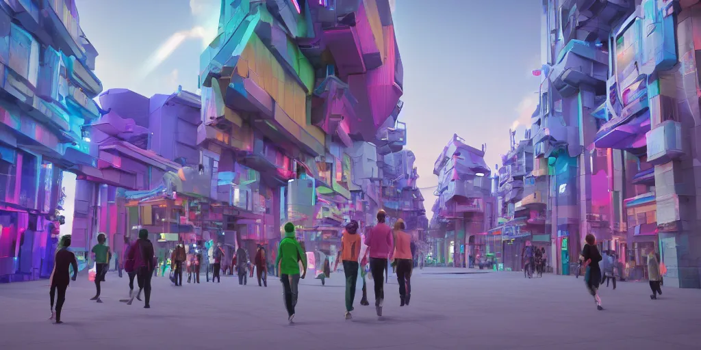 Image similar to A colorful science fiction neigbourhood, in the future. The walls change colour and shape depending on the clothing of the people walking in front of them, epic lighting, 8K, Rendered in Cinema4D, 8K 3D, CGSociety, ZBrush, volumetric light, lightrays, wide angle shot, atmospheric, octane