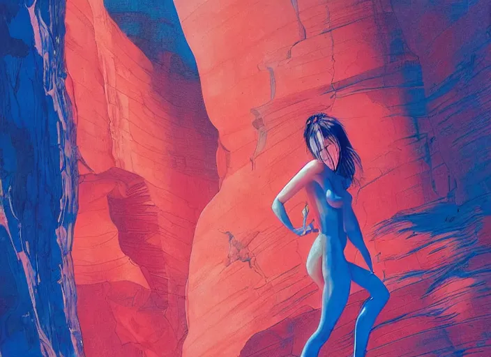 Image similar to lee jin - eun emerging from pink water in cyberpunk theme during a blood moon by the edge of a royal blue antelope canyon by conrad roset, nicola samuri, dino valls, m. w. kaluta, rule of thirds, seductive look, beautiful