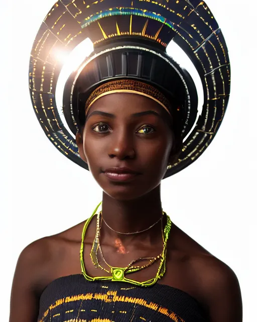 Prompt: centered medium shot fine studio photograph of a beautiful black girl wearing only a solarpunk mecha Maasai helmet with bright lights, ultra-realistic, white background, 8k HDR sunset lit, intricate design