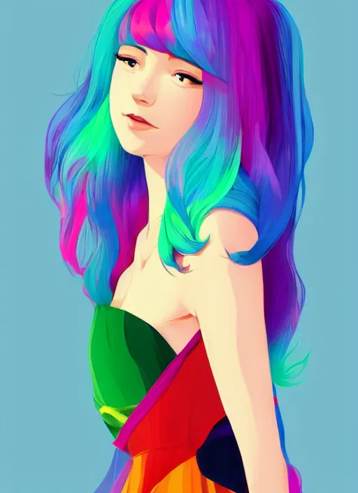 Image similar to a beautiful young woman with rainbow hair wearing a party dress. clean cel shaded vector art. shutterstock. behance hd by lois van baarle, artgerm, helen huang, by makoto shinkai and ilya kuvshinov, rossdraws, illustration, art by ilya kuvshinov