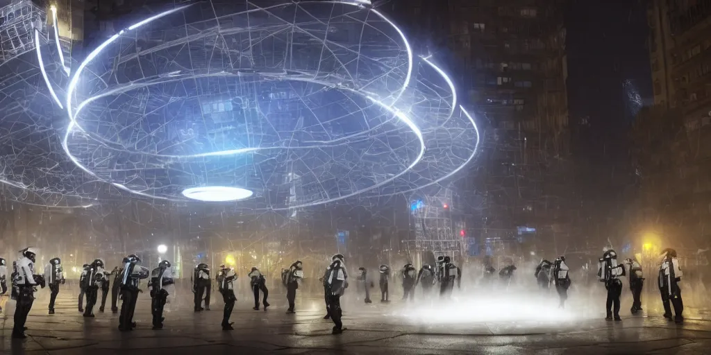 Image similar to policemen protecting a huge spiral - shaped bright white luminous attractor right in the center of the city from protesting people,, rain and light fog, professional lighting, concept art in 3 d, high detail, professional lighting, unreal engine