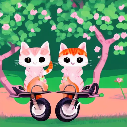 Image similar to a cute artwork of two chibi cats riding scooters through a forest of cheery blossom trees, procreate