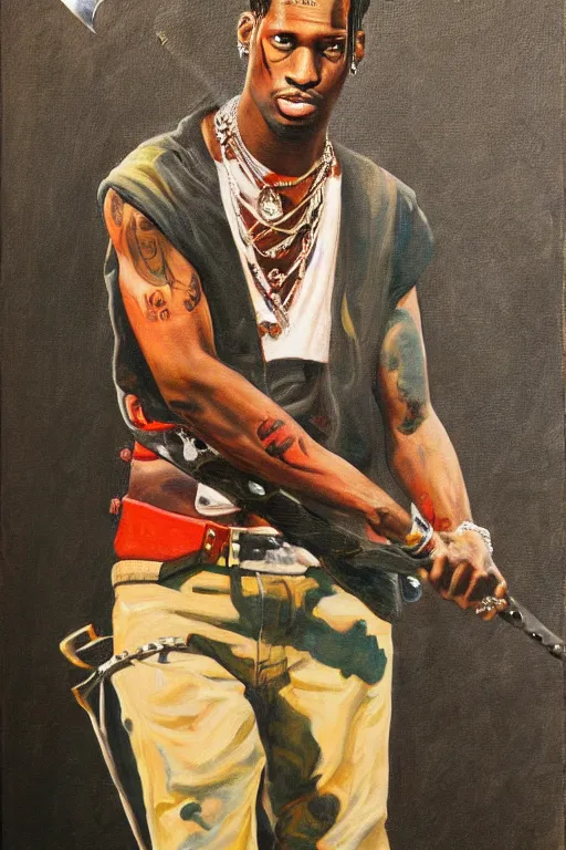 Prompt: travis scott holding a sword, painting