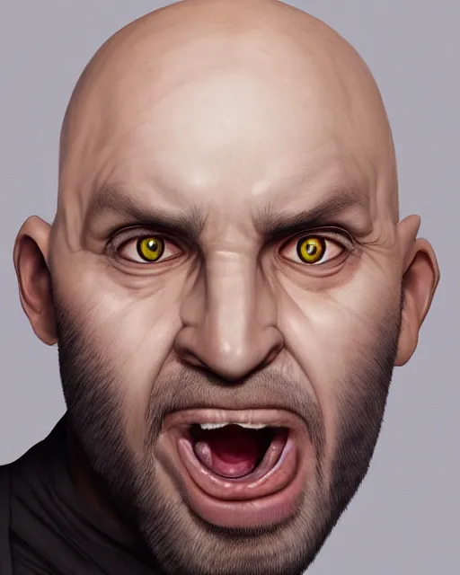 Image similar to portrait of a 4 0 - year - old bald man, with a white complexion, wide, cat - like scarlet eyes, a nose flat like a snake's nose, and a thin mouth, wearing in black clothes, hyper realistic face, beautiful eyes, character art, art by mark brooks, hyperdetailed, cryengine, trending on artstation, digital art