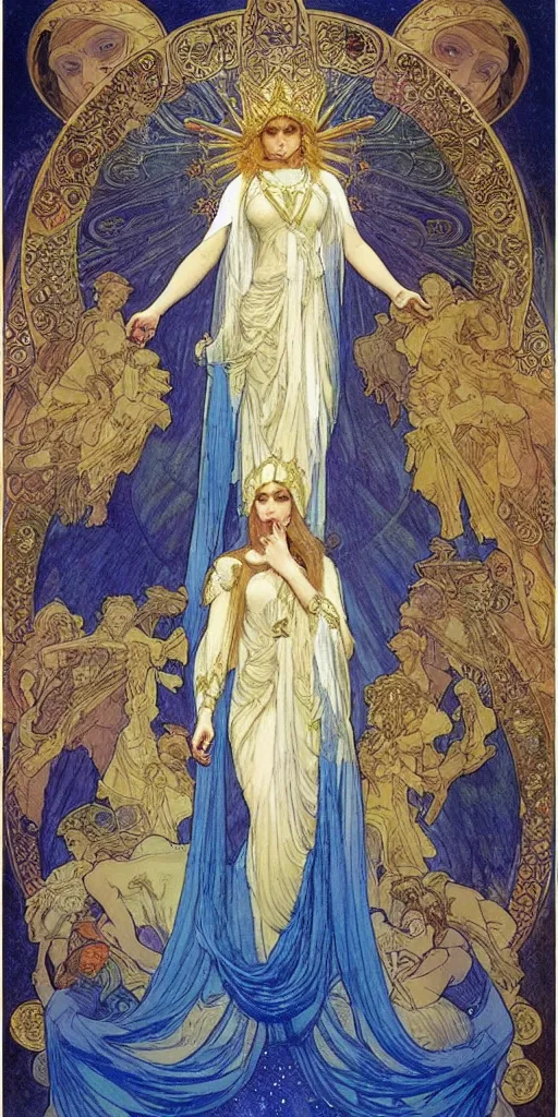 Image similar to saint woman, venus, athena, queen, by alphons mucha and annie swynnerton and nicholas roerich and jean delville, strong dramatic cinematic lighting, ornate headdress, flowing robes, spines, flowers, stars, lost civilizations, smooth, sharp focus, extremely detailed, blue marble, obsidian, gold, space