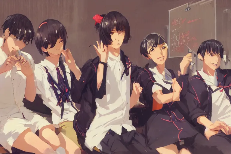 prompthunt: boy's love anime high school classroom scene spring setting,  expert high detail concept art, perfect proportions fine - face, tall  handsome, bold colors, smooth sharp focus, realistic shaded lighting poster  ilya