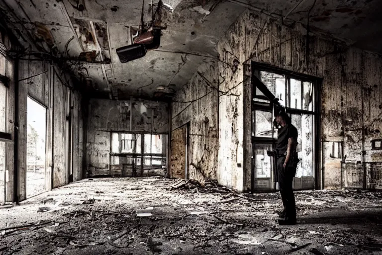 Image similar to man with shotgun in an abandoned industrial complex, intricate details, cinematic, wide angle