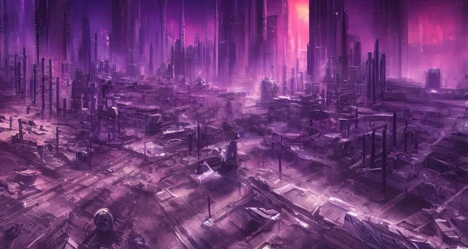 Image similar to Sci-fi wallpaper of an alley in a desert city, view from the top, purple color-theme, cinematic, science-fiction art wallpaper, stunning digital art