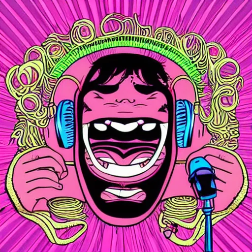 Image similar to artgerm, psychedelic laughing demon, rocking out, headphones dj rave, digital artwork, r. crumb, svg vector