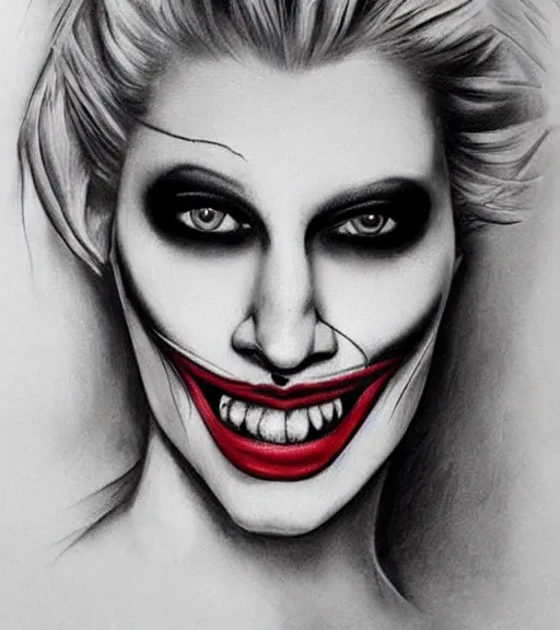 Image similar to tattoo design sketch of a beautiful blonde female portrait with joker makeup, in the style of den yakovlev, realistic face, black and white, realism tattoo, hyper realistic, highly detailed