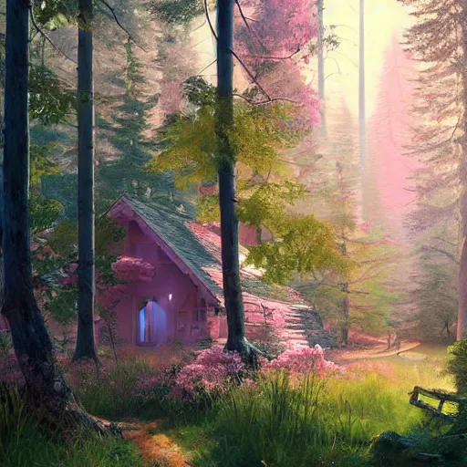 Image similar to solace hermatige cottage peaceful clouds beautiful woods trees pine, nice view, gradient of pink and blue, mystical realistic poster with shaded lighting by craig mallismo, artgerm, jeremy lipkin and michael garmash, unreal engine, radiant light, detailed and complex environment city utopia