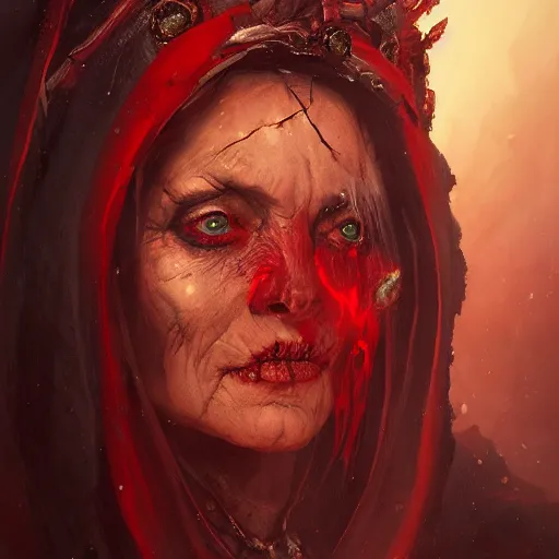 Image similar to a beautiful portrait of an ancient elderly necromancer queen, embers, skeletal, red-fabric, red-eyes, by Greg Rutkowski and Raymond Swanland, Trending on Artstation, ultra realistic digital art