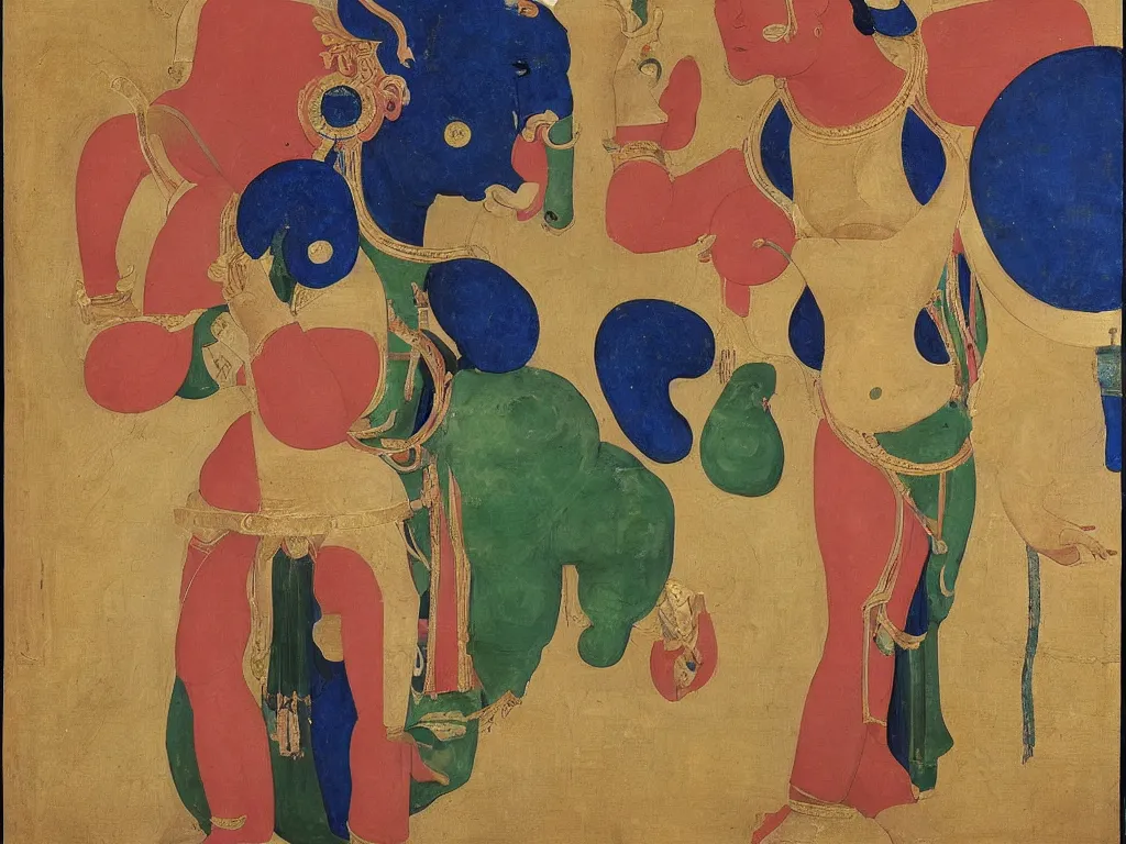 Image similar to portrait of a buddhist dancing deity with elephant. lapis lazuli, malachite, cinnabar, gold. painting by piero della francesca, balthus, agnes pelton