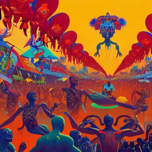 Image similar to trinidad and tobago carnival by paolo eleuteri serpieri and tomer hanuka and chesley bonestell and daniel merriam and tomokazu matsuyama, unreal engine, high resolution render, featured on artstation, octane, 8 k, highly intricate details, vivid colors, vector illustration