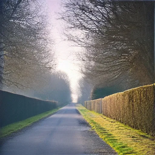 Image similar to Beautiful cameraphone, soft liminal Photograph of an estate road at early morning, hedge