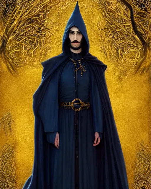 Image similar to wizard the sandman tom sturridge, long black hair blue wearing cloth mantle gothic navy cloak with gold details, tree town, fantasy character portrait, ultra realistic, intricate, elegant, cinematic lighting, highly detailed, trending cgsociety, artstation, smooth, sharp, focus, illustration, art by artgerm and greg rutkowski and alphonse mucha