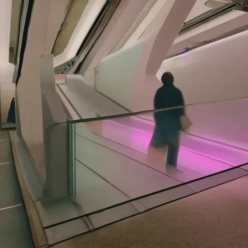 Image similar to a pastel colour Polaroid photo of a side profile free standing illuminated escalator connected to nothing with iridescent Perspex panels in a field, nostalgic