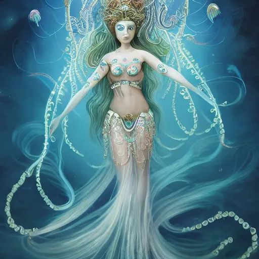 Image similar to Full body photo of the most beautiful goddess, she has a jellyfish-phoenix head's and a siren body, some tentacles are on her body, she flying to heaven through the clouds, she is swimming with some chrysaora hysoscella, there is smoke behid her, by Tooth Wu, trending on Artstation, digital art, symmetrical artwork, cinematic, hyper realism, high detail, octane render, 4k, 8k