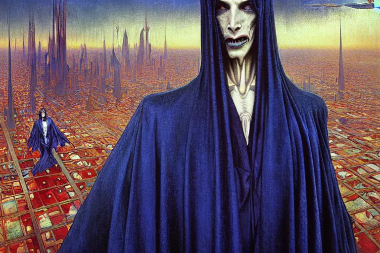 Prompt: realistic extremely detailed portrait painting of an elegantly creepy vampire man in a cape, futuristic sci-fi city on background by Jean Delville, Amano, Yves Tanguy, Alphonse Mucha, Ernst Haeckel, Edward Robert Hughes, Roger Dean, rich moody colours, blue eyes